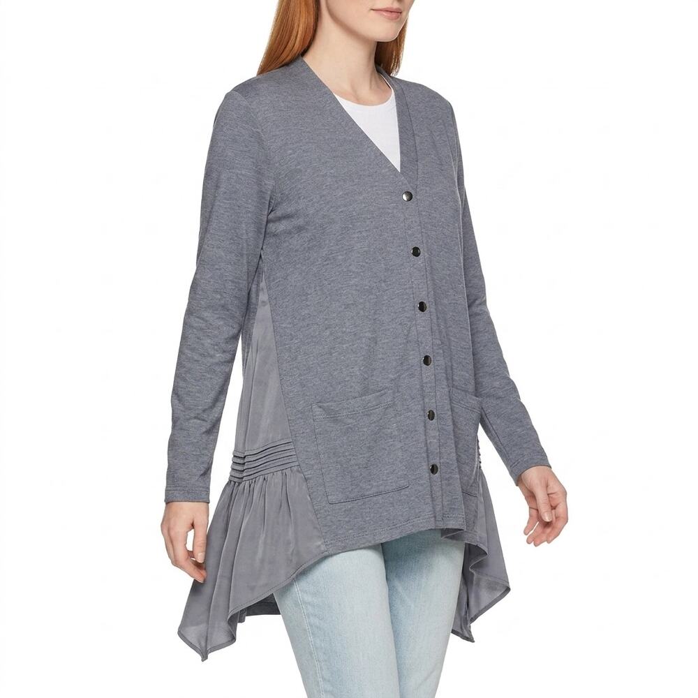 NEW LOGO Lori Goldstein XL French Terry Snap Button Front Cardigan Sharkbite Hem